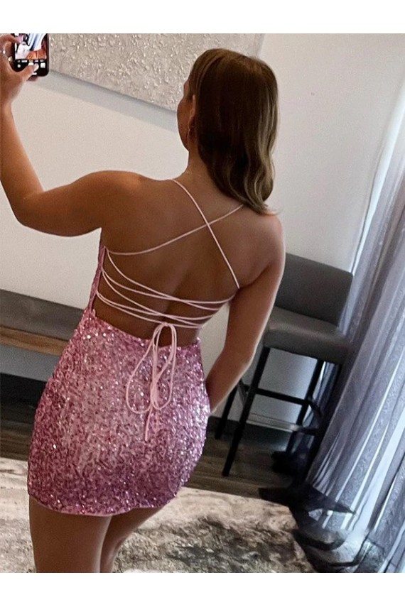 Purchase Spaghetti Straps Sleeveless Short Velvet Sequin Prom Dress