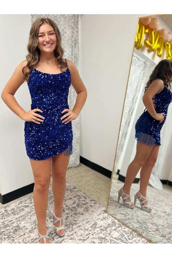 Purchase Spaghetti Straps Backless Sleeveless Short Velvet Sequin Prom Dress