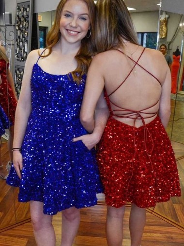 Purchase A-Line Spaghetti Straps Sleeveless Short Velvet Sequin Prom Dress