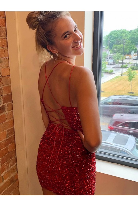 Purchase V-Neck Sleeveless Short Velvet Sequins Prom Dress