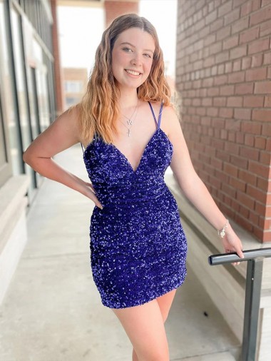 Purchase Sleeveless Short Velvet Sequin V-Neck Prom Dress