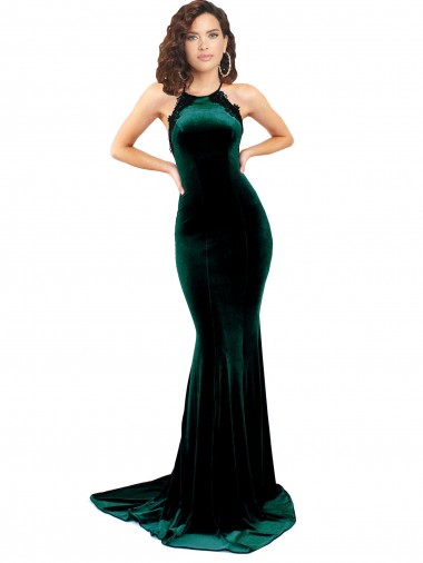 Purchase High Neck Stretch Velvet Prom Dress with Black Lace Embroidery