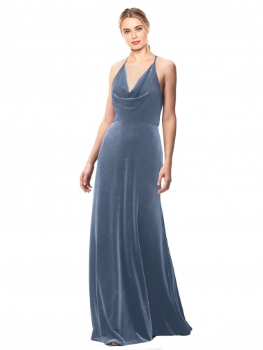 Purchase Halter Cowl Neck Long A-Line Velvet Prom Dress with Keyhole Back
