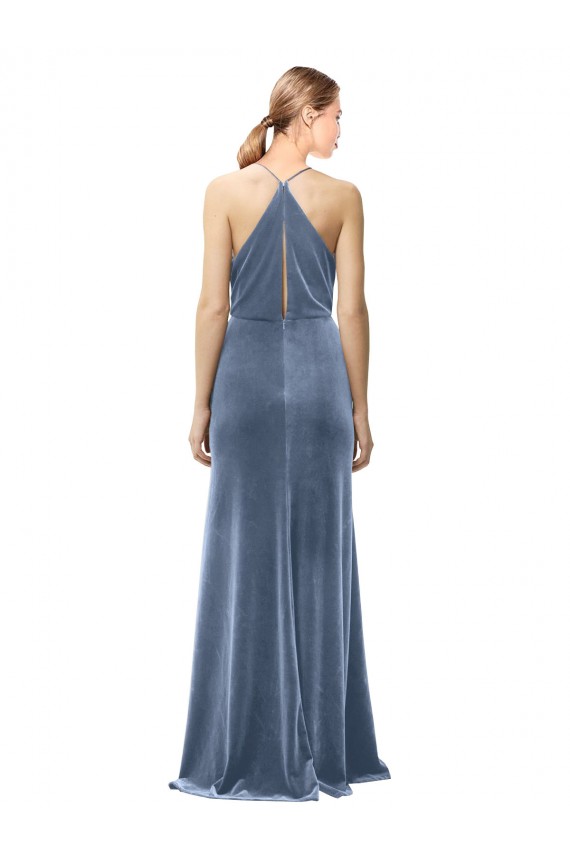Purchase Halter Cowl Neck Long A-Line Velvet Prom Dress with Keyhole Back