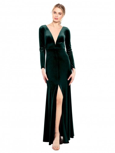Purchase Plunging V-Neckline Long Sleeves Open Back Velvet Prom Dress