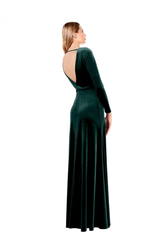 Purchase Plunging V-Neckline Long Sleeves Open Back Velvet Prom Dress