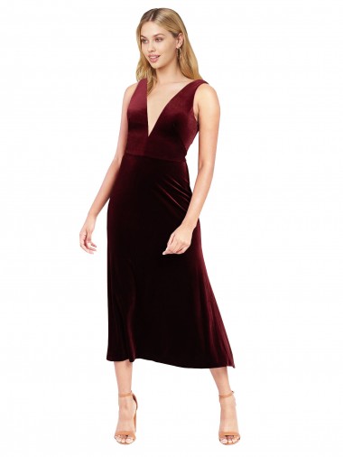 Purchase Daring Plunging V-Neckline Short Midi Length Velvet Cocktail Prom Dress / Homecoming Dress