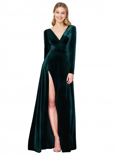 Purchase Deep V-Neck Long Sleeves Velvet Prom Dress with High Side Split