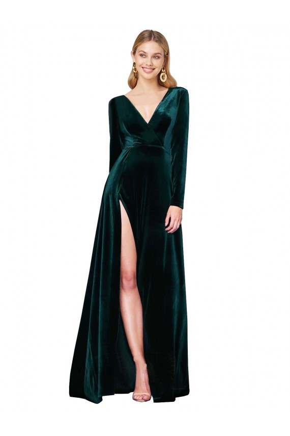 Purchase Deep V-Neck Long Sleeves Velvet Prom Dress with High Side Split