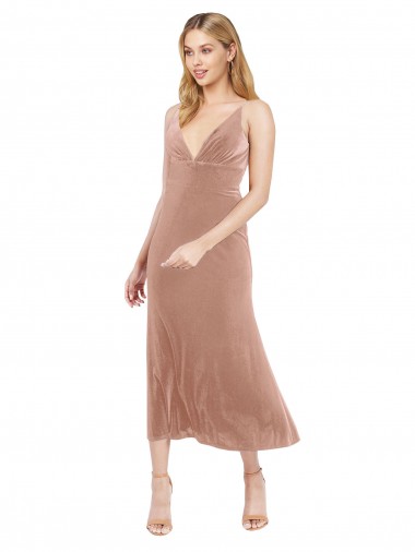 Purchase Midi Length Short V-Neck Velvet Cocktail Prom Dress / Homecoming Dress with Notched Neckline