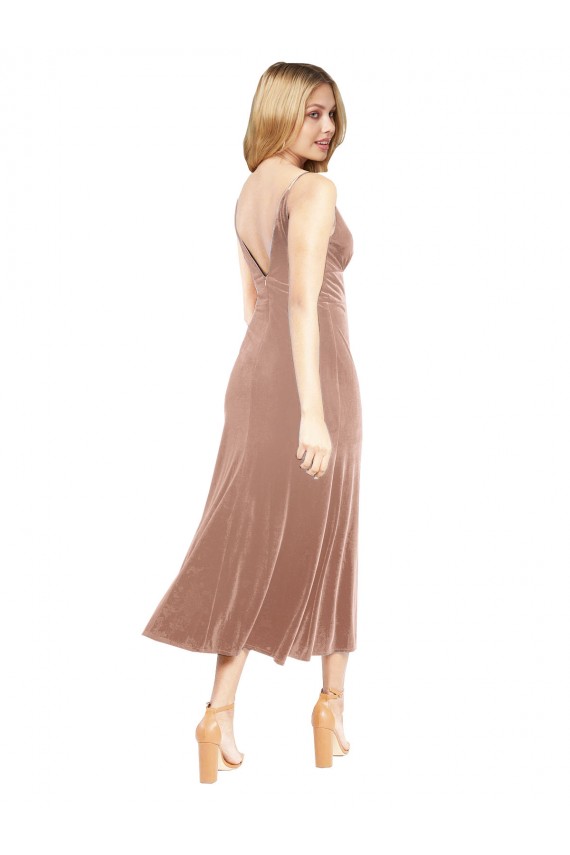 Purchase Midi Length Short V-Neck Velvet Cocktail Prom Dress / Homecoming Dress with Notched Neckline