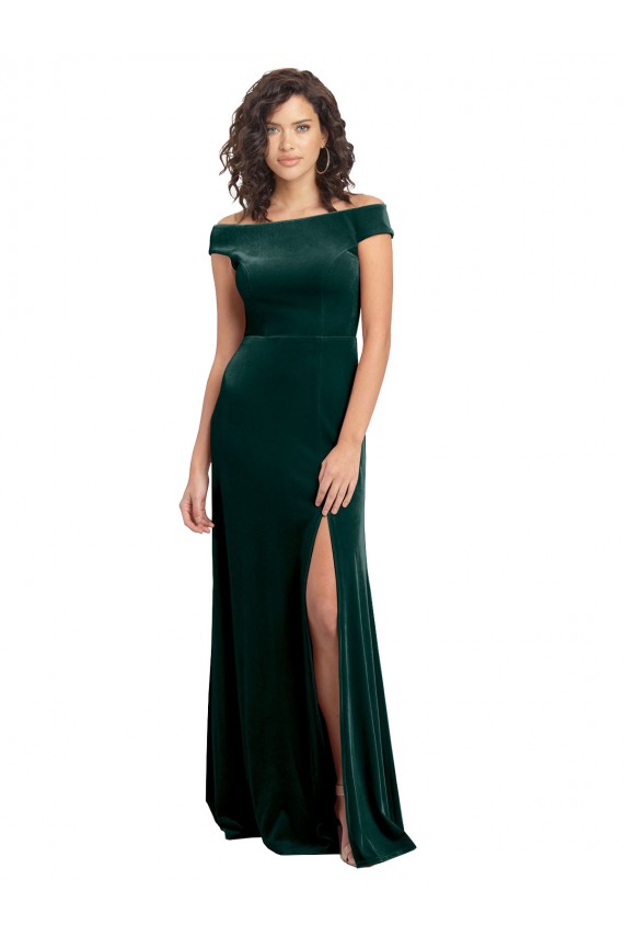 Purchase Floor Length Cap Sleeves Long Velvet Prom Dress with High Side Slit