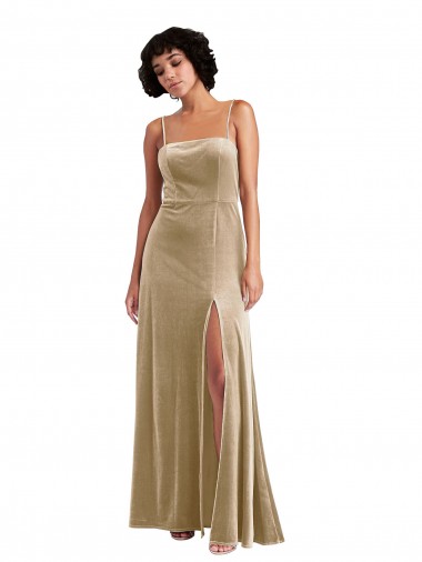 Purchase Square Neck Velvet Maxi Prom Dress with Front Slit & Pockets