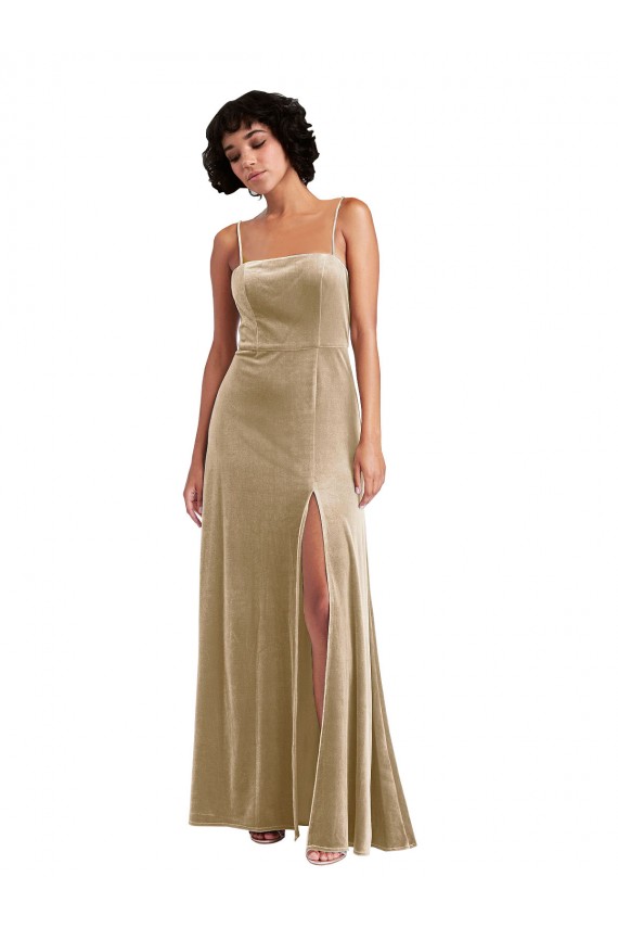Purchase Square Neck Velvet Maxi Prom Dress with Front Slit & Pockets