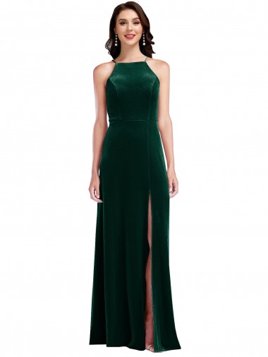 Purchase Velvet Halter Maxi Prom Dress with Front Slit & Pockets