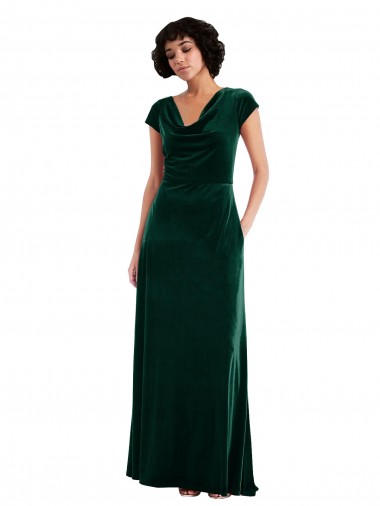 Purchase Cowl Neck Cap Sleeve Velvet Maxi Prom Dress with Pockets