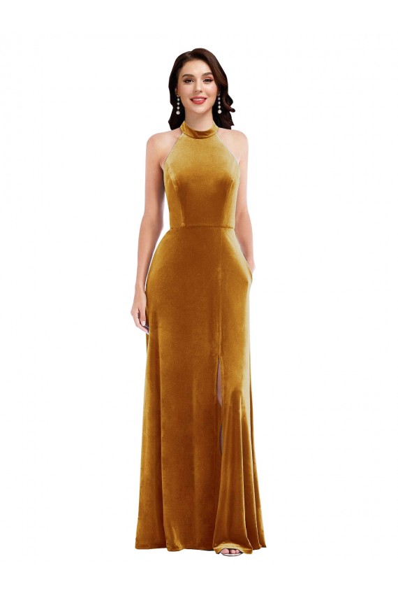 Purchase High-Neck Halter Velvet Maxi Prom Dress with Front Slit