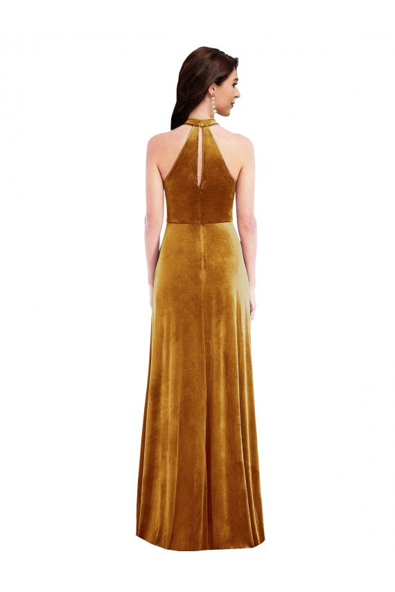 Purchase High-Neck Halter Velvet Maxi Prom Dress with Front Slit