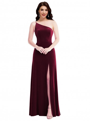 Purchase One Shoulder Spaghetti Strap Velvet Maxi Prom Dress with Pockets
