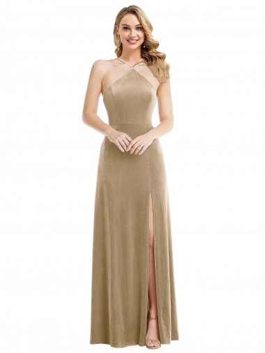 Purchase High Neck Halter Open Back Long Velvet Maxi Prom Dress with Pockets