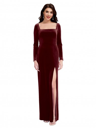 Purchase Sleek Square Neck Spaghetti Straps Velvet Prom Dress with Side Slit