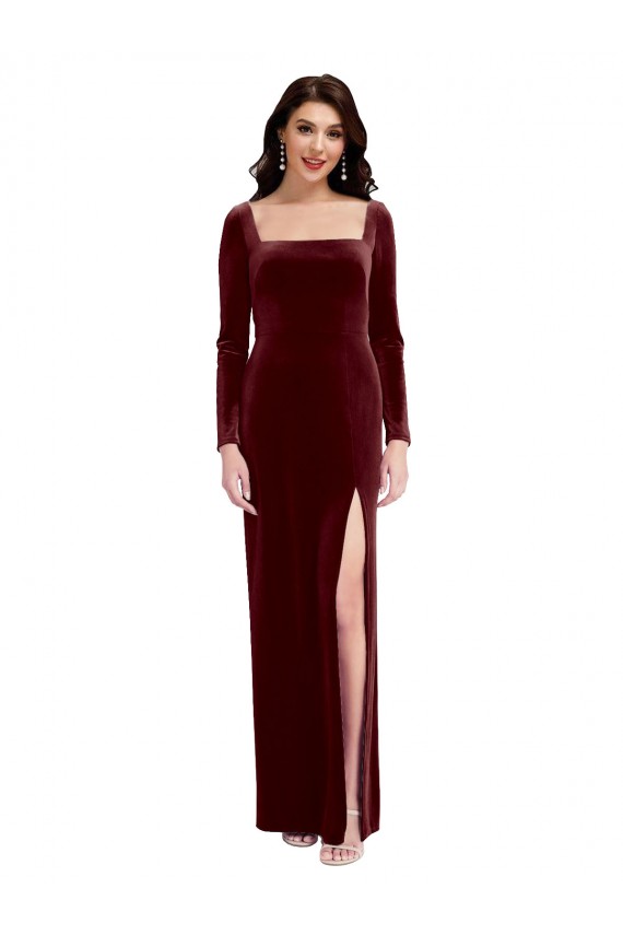 Purchase Sleek Square Neck Spaghetti Straps Velvet Prom Dress with Side Slit