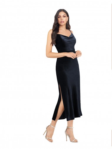 Purchase Midi Length Velvet Cocktail Prom Dress / Homecoming Dress with Cowl Neck and Spaghetti Straps