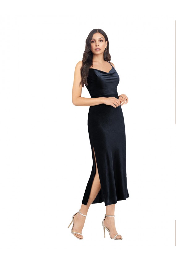 Purchase Midi Length Velvet Cocktail Prom Dress / Homecoming Dress with Cowl Neck and Spaghetti Straps