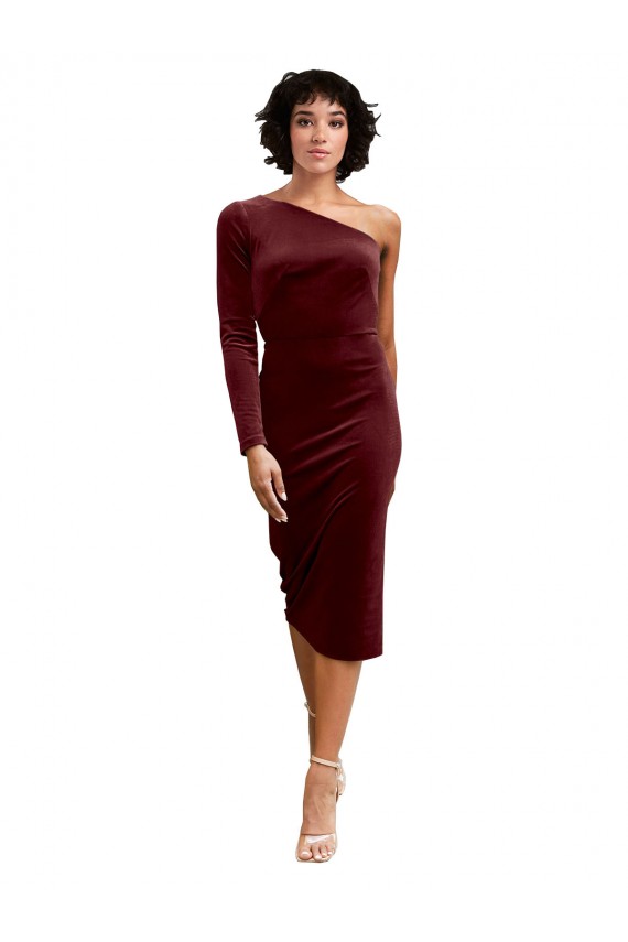 Purchase One Shoulder Fitted Short Midi Length Velvet Prom Dress