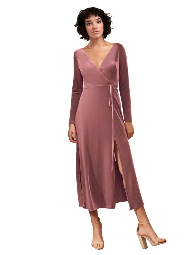 Purchase Long Sleeve Velvet Faux Wrap Midi Length Prom Dress