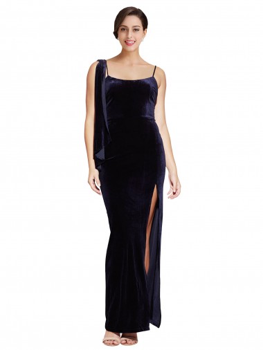 Purchase Long Velvet Prom Dress with Side Thigh Split and Shoulder Tie