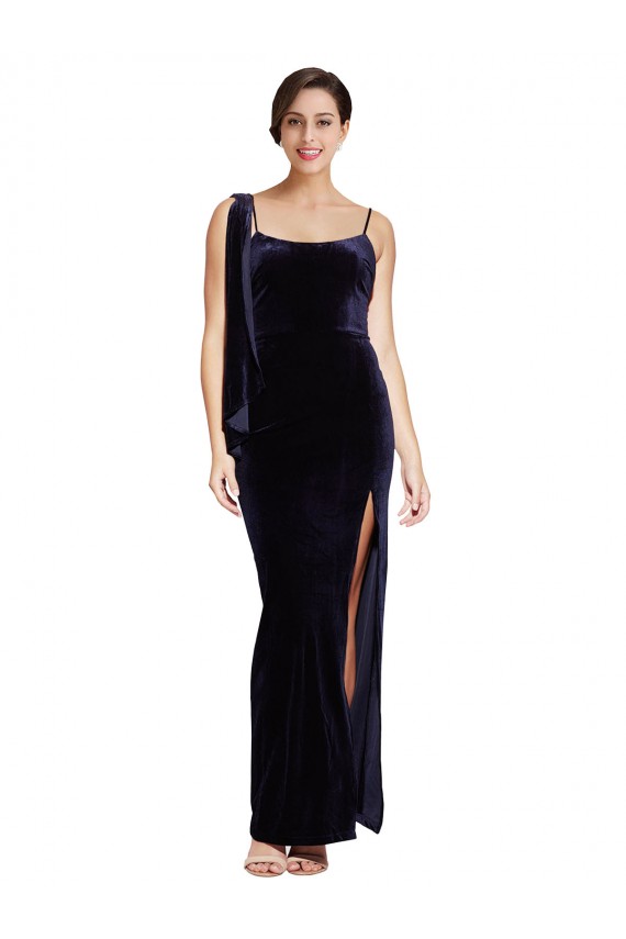 Purchase Long Velvet Prom Dress with Side Thigh Split and Shoulder Tie