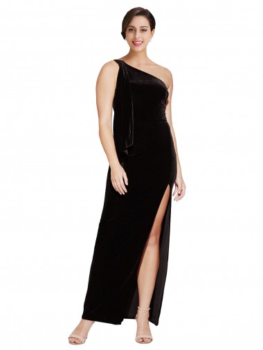 Purchase One Shoulder Long Velvet Prom Dress with Side Split and Shoulder Tie