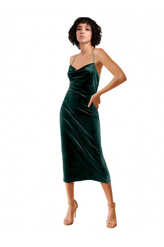 Purchase Midi Length Sleek Cowl Neckline Short Velvet Cocktail Prom Dress / Homecoming Dress